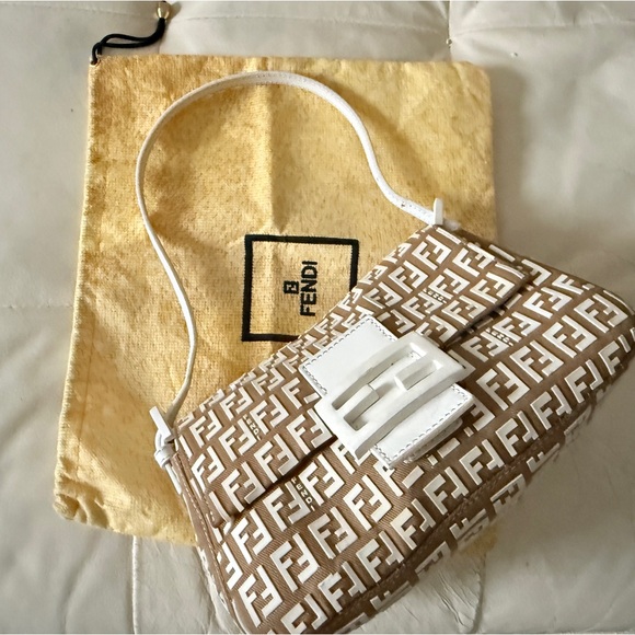 Auth RARE FENDI Tan khaki canvas White rubber zucchino mini mama Baguette Bag - Picture 7 of 15